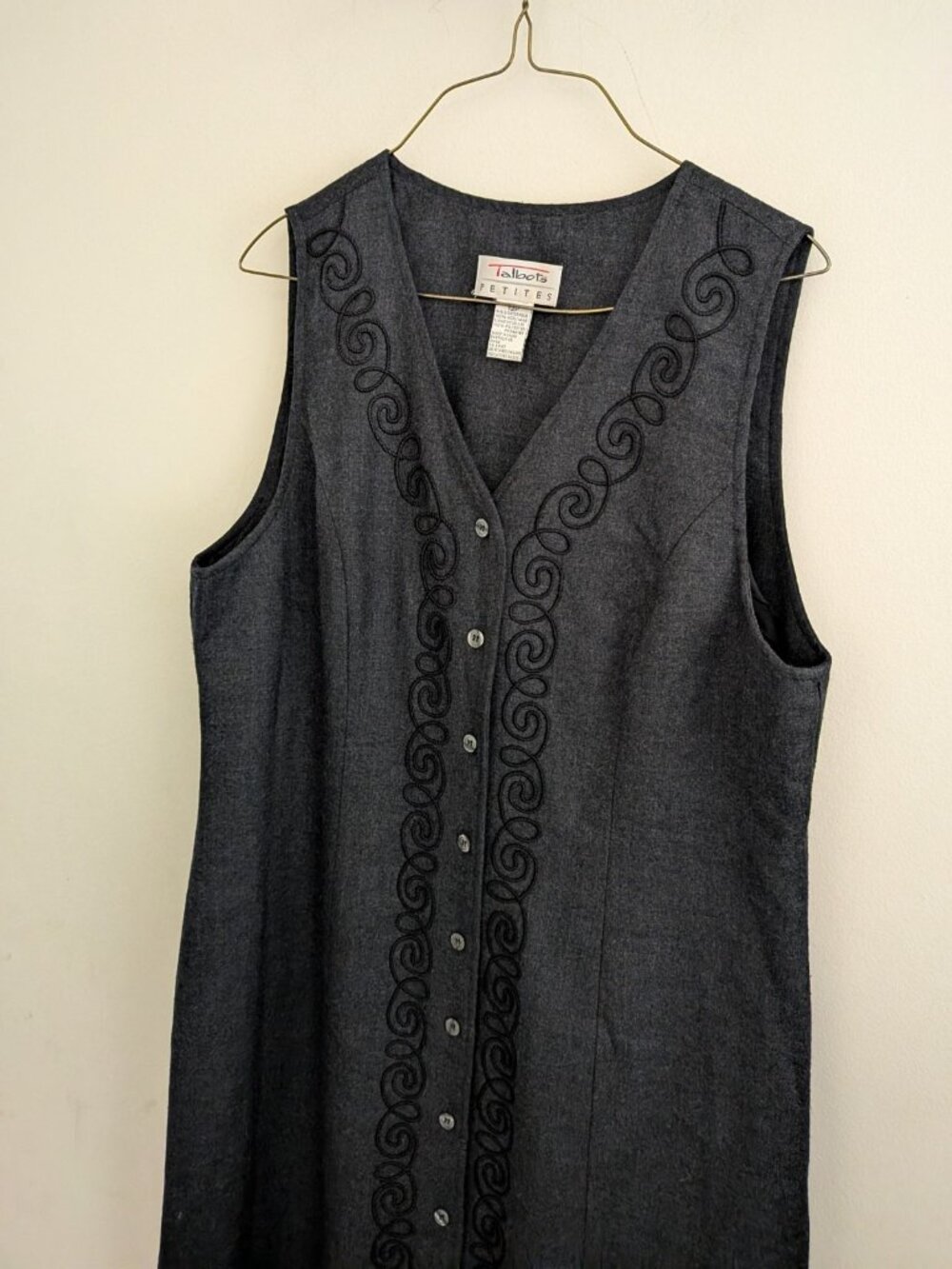 Talbots Vintage Wool Jumper Dress 12P Grey Soutache Embroidery Button Front Midi - Picture 3 of 5